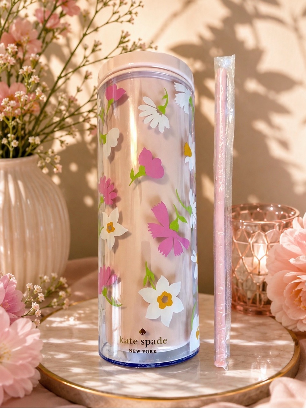 kate spade Pink Floral Insulated Tumbler with Straw